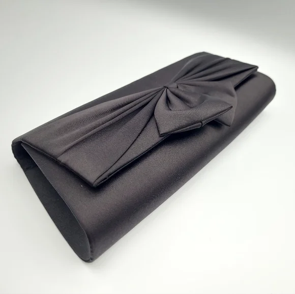 Vintage Le Château Black Satin Evening Clutch Bag w Bow | Formal Prom Wedding - Picture 4 of 16